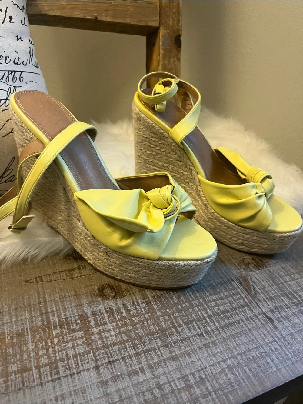 Yellow soft leather Knot Espadrille Wedge Sandals with Ankle Strap - Women